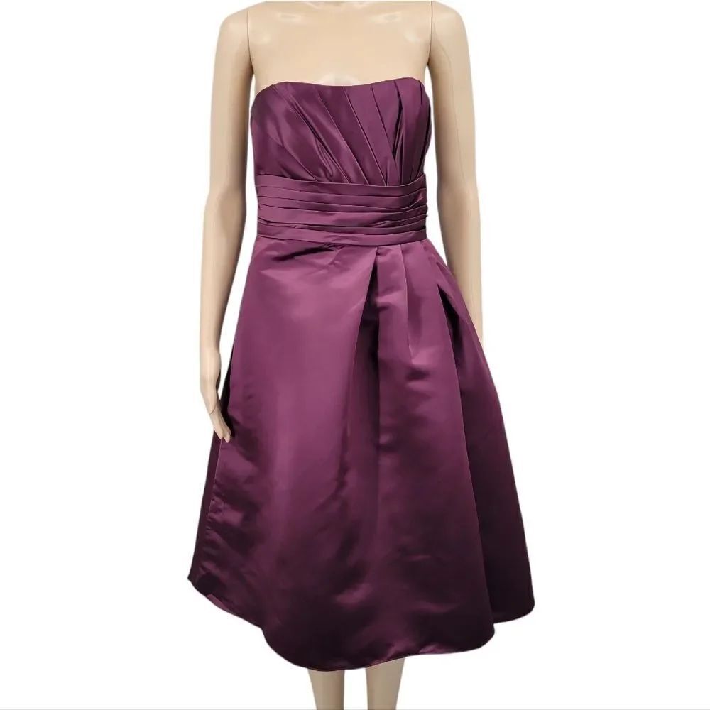 Bill Levkoff Satin Burgundy Strapless A-line Formal Evening Bridesmaid Dress